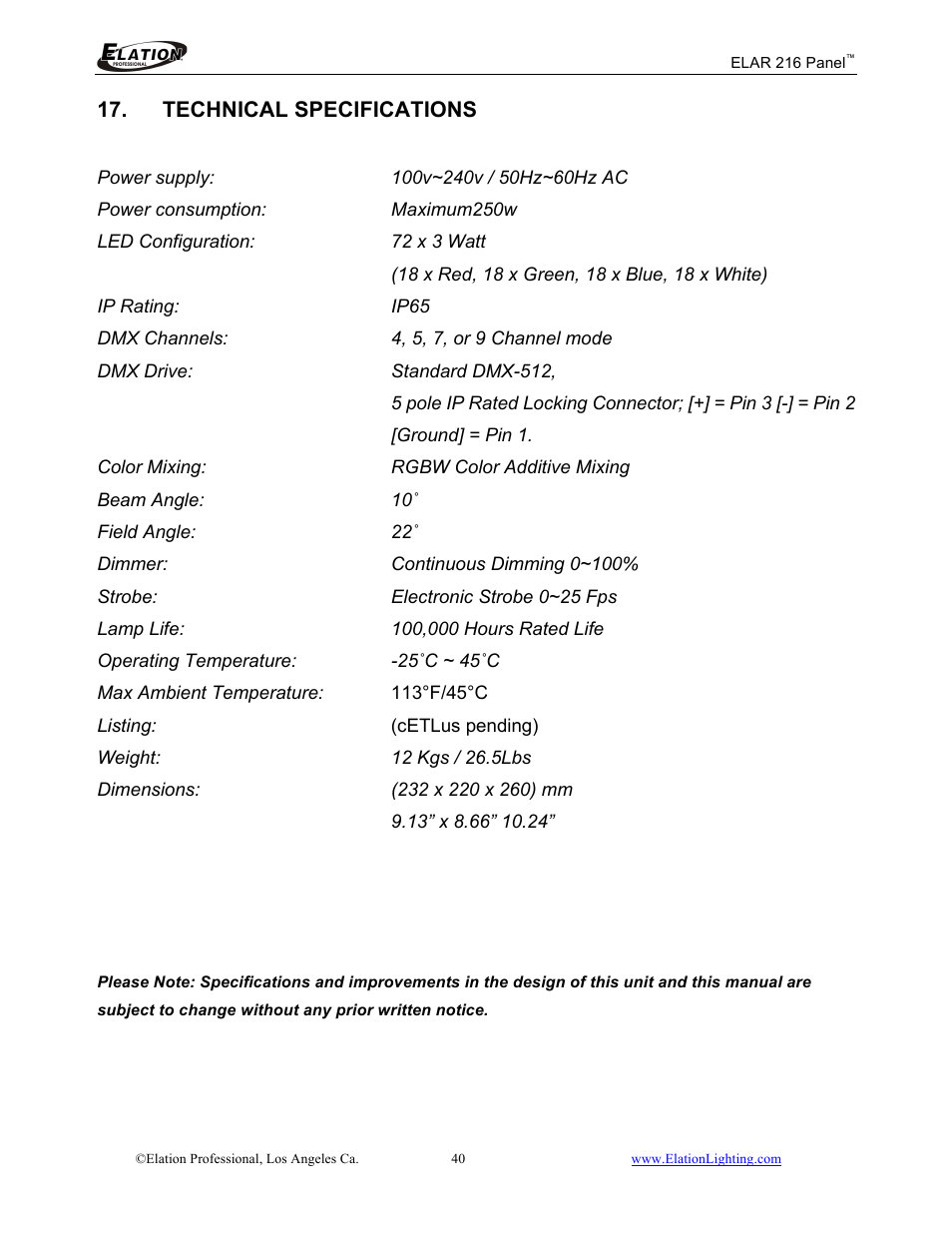 Technical specifications | Elation Professional 216 User Manual | Page 41 / 44