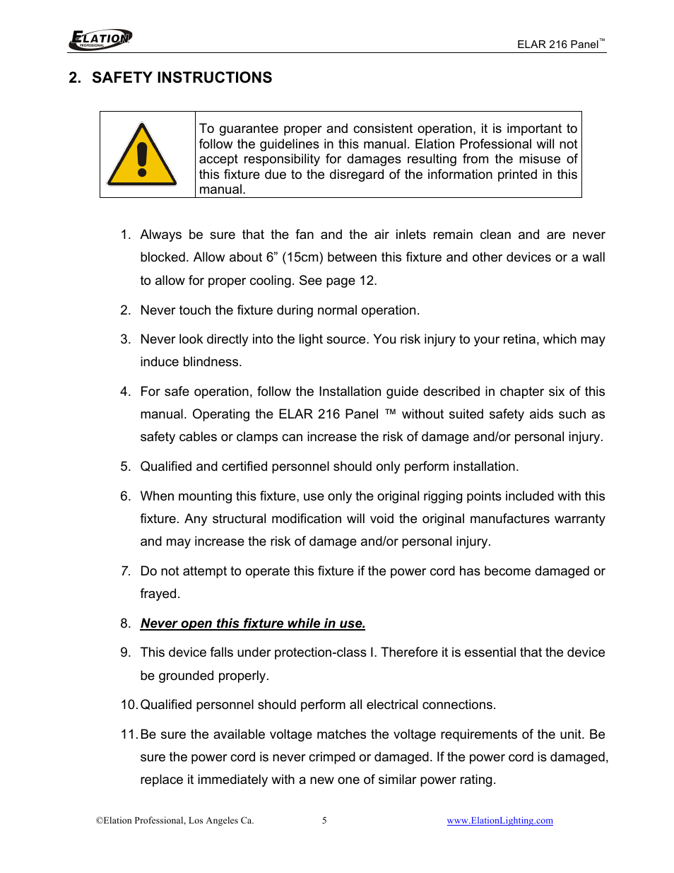 Safety instructions | Elation Professional 216 User Manual | Page 6 / 44