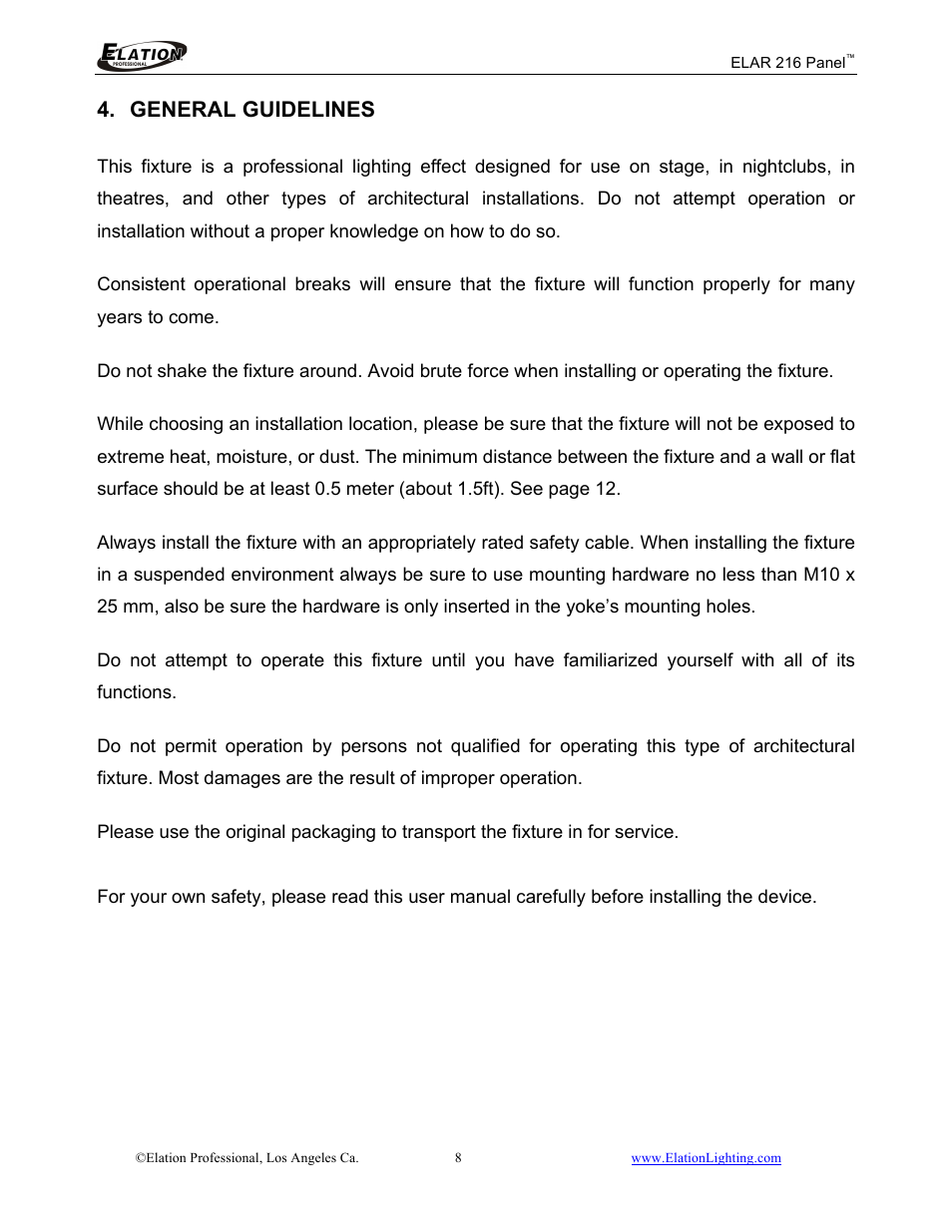 General guidelines | Elation Professional 216 User Manual | Page 9 / 44