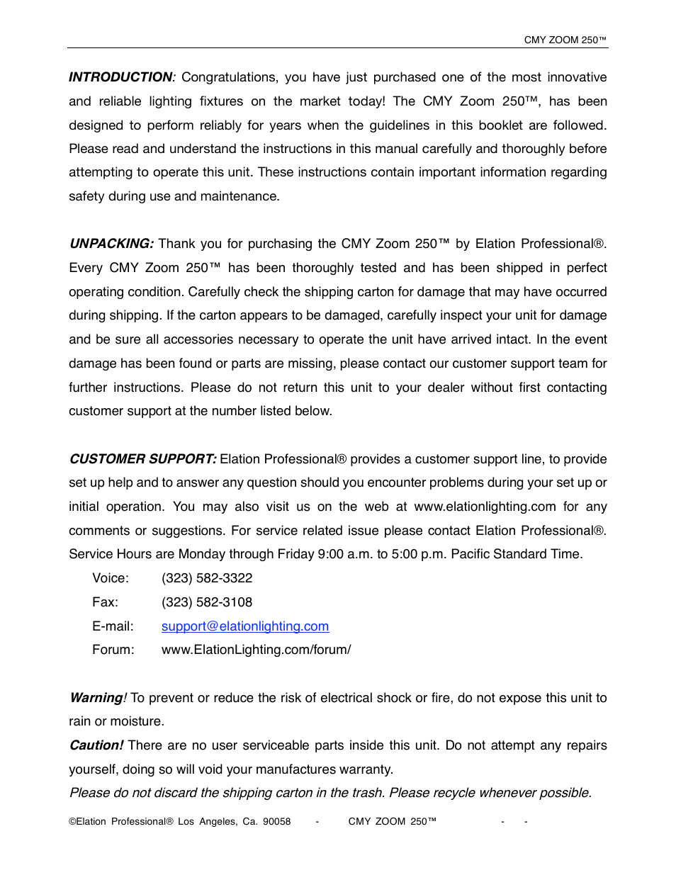 Elation Professional CMY Zoom 250 User Manual | Page 2 / 40