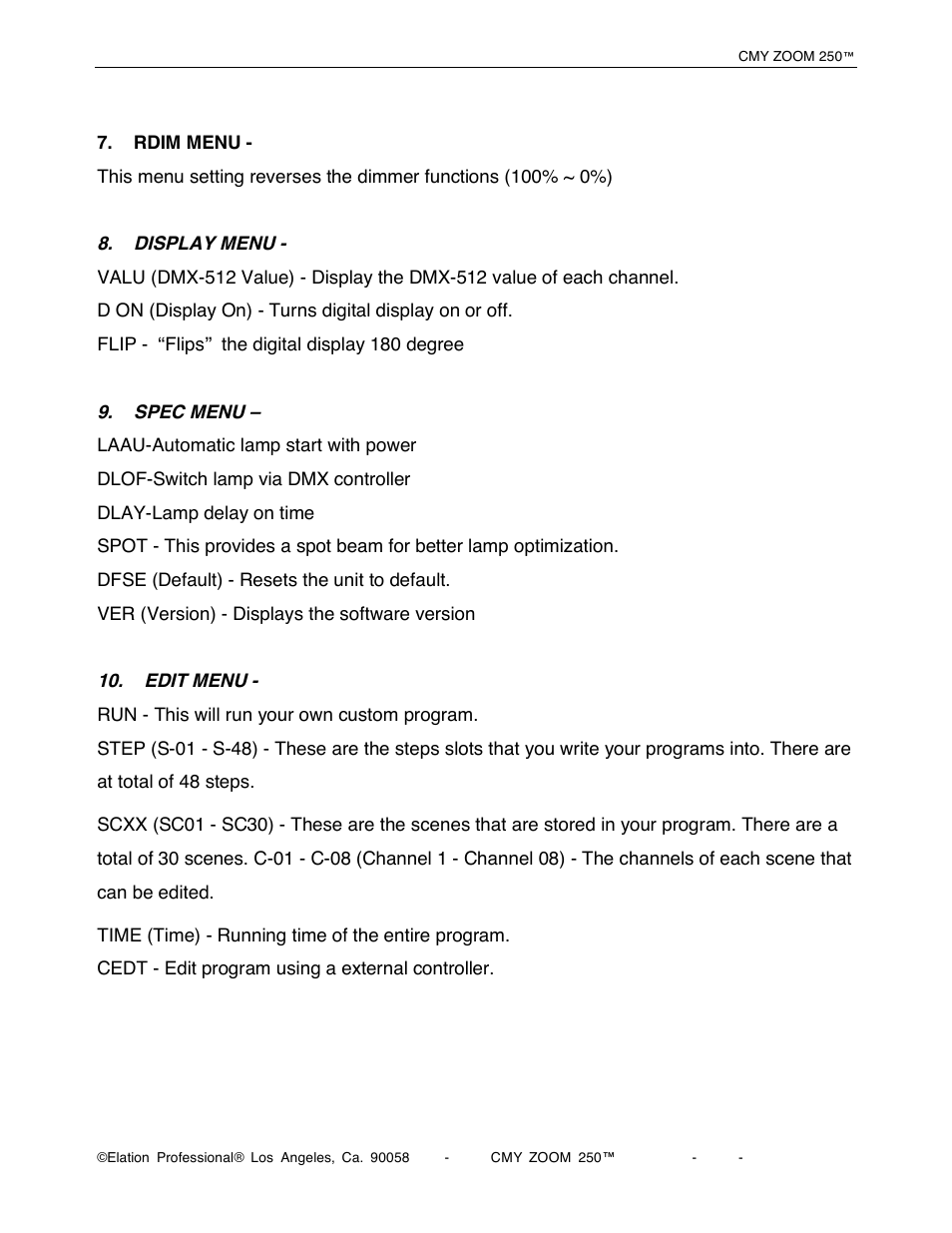 Elation Professional CMY Zoom 250 User Manual | Page 21 / 40