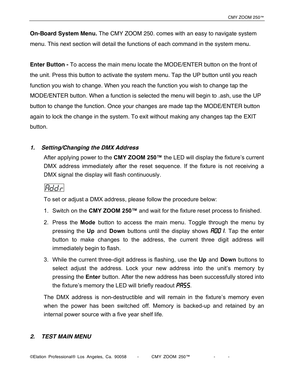 A001, Pass | Elation Professional CMY Zoom 250 User Manual | Page 22 / 40