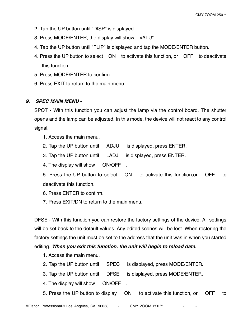 Elation Professional CMY Zoom 250 User Manual | Page 27 / 40