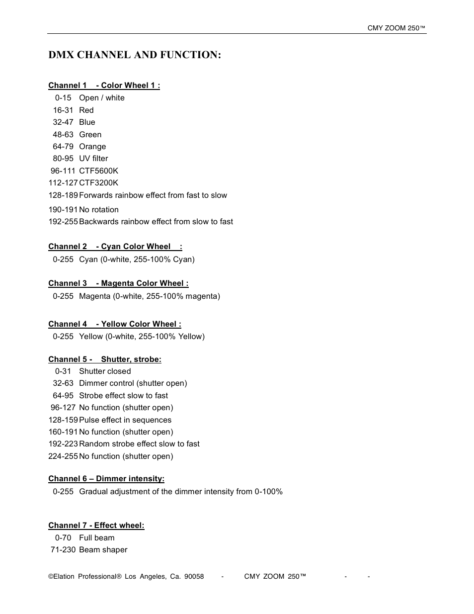 Dmx channel and function | Elation Professional CMY Zoom 250 User Manual | Page 32 / 40