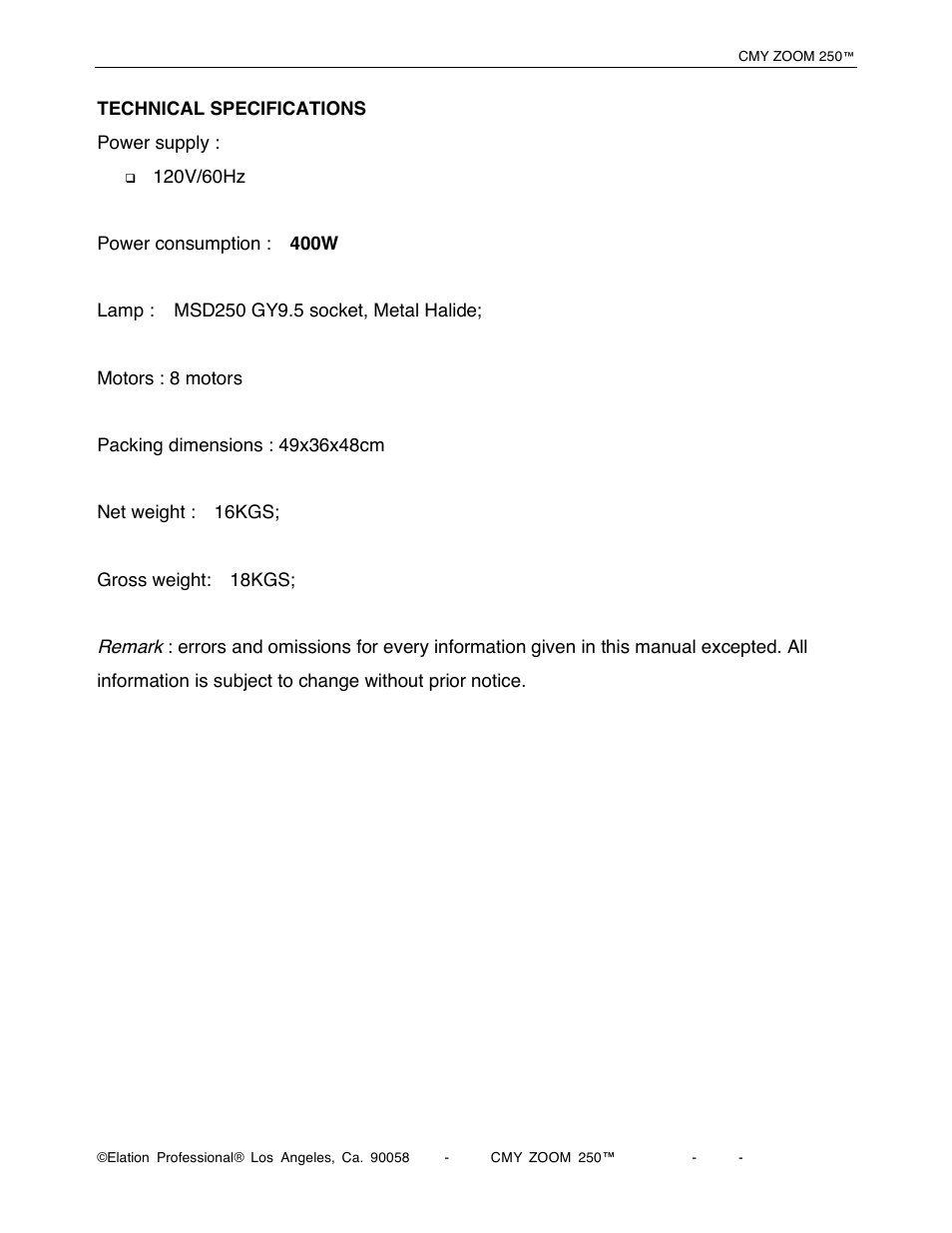 Elation Professional CMY Zoom 250 User Manual | Page 39 / 40