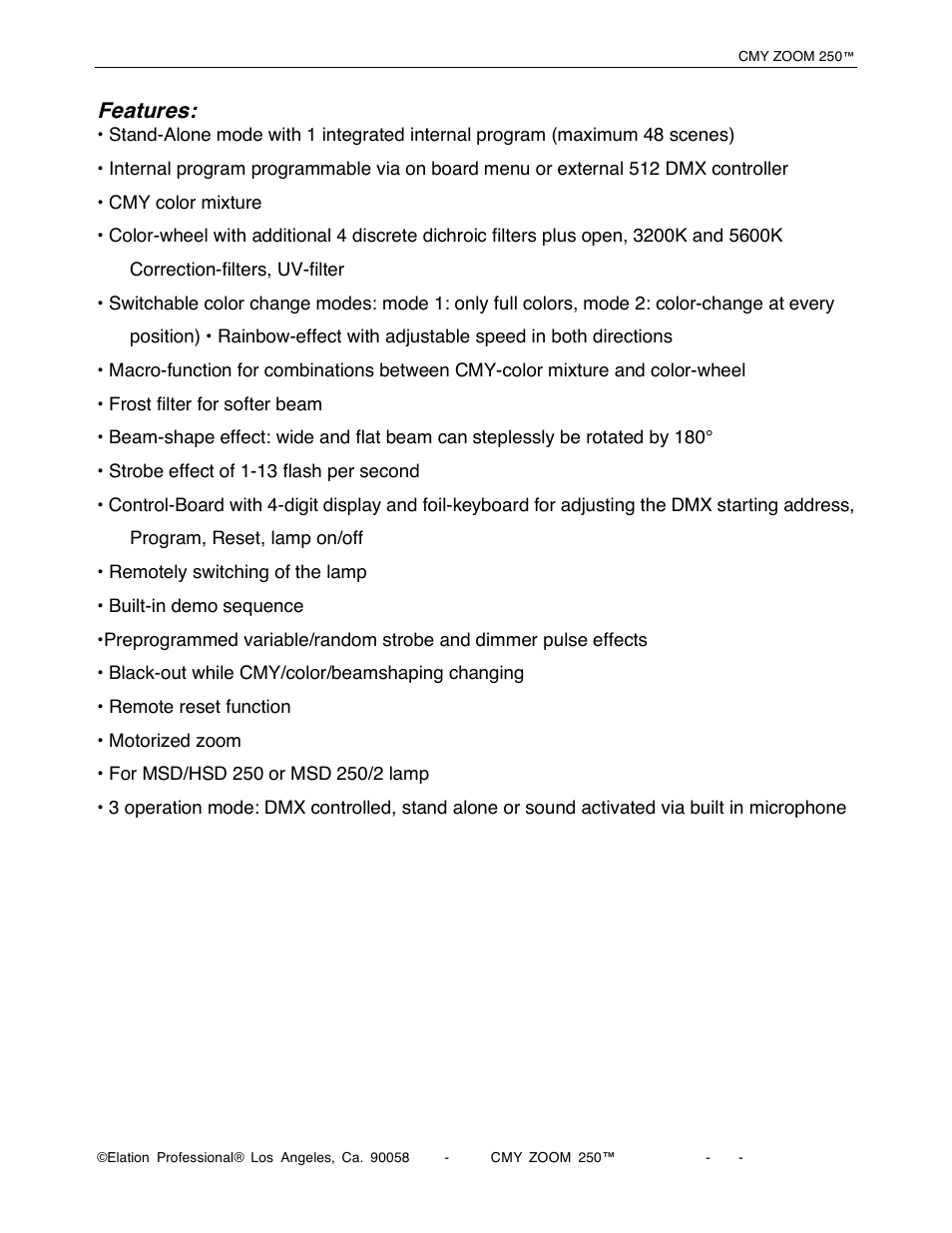 Features | Elation Professional CMY Zoom 250 User Manual | Page 8 / 40