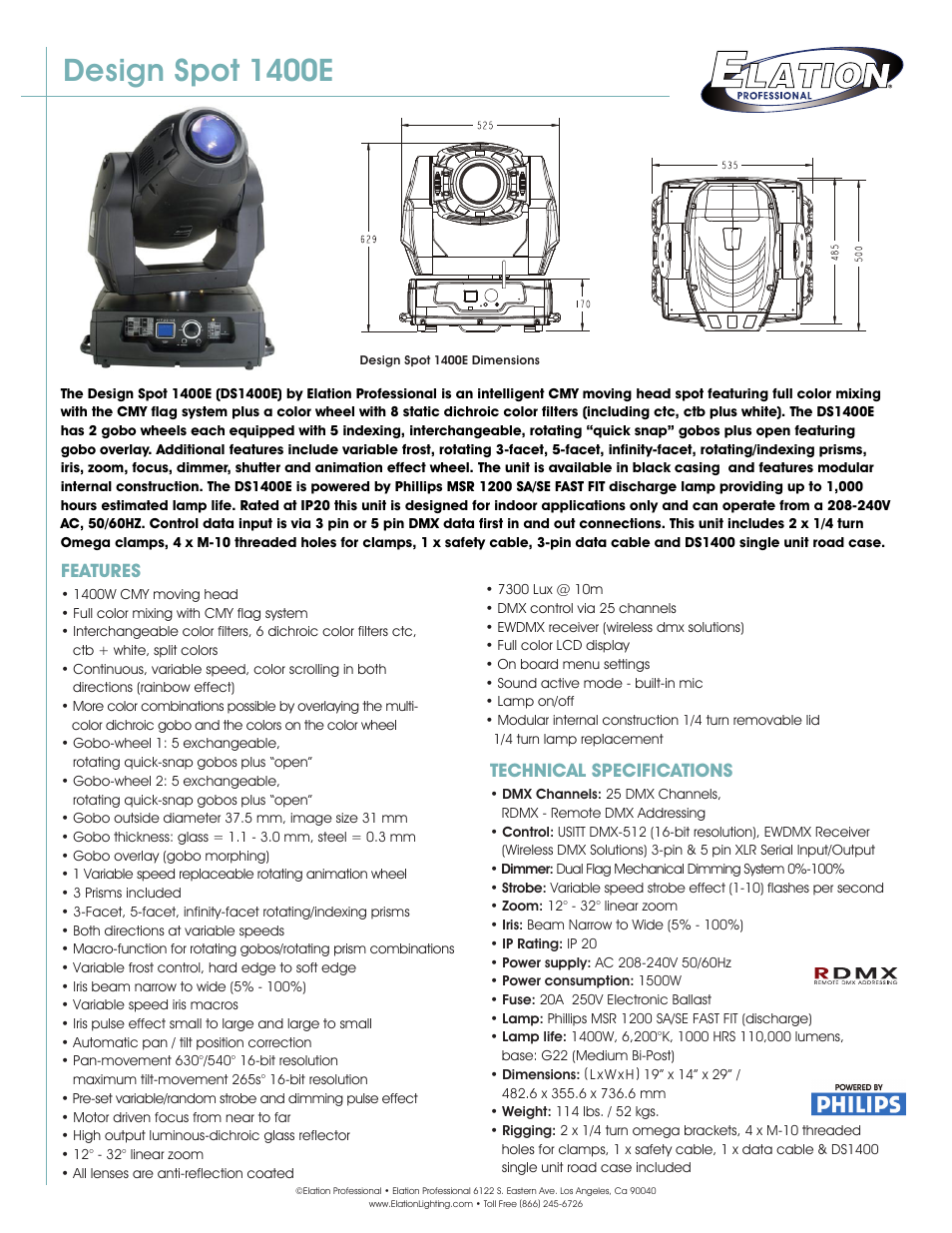 Elation Professional Spot 1400E User Manual | 4 pages