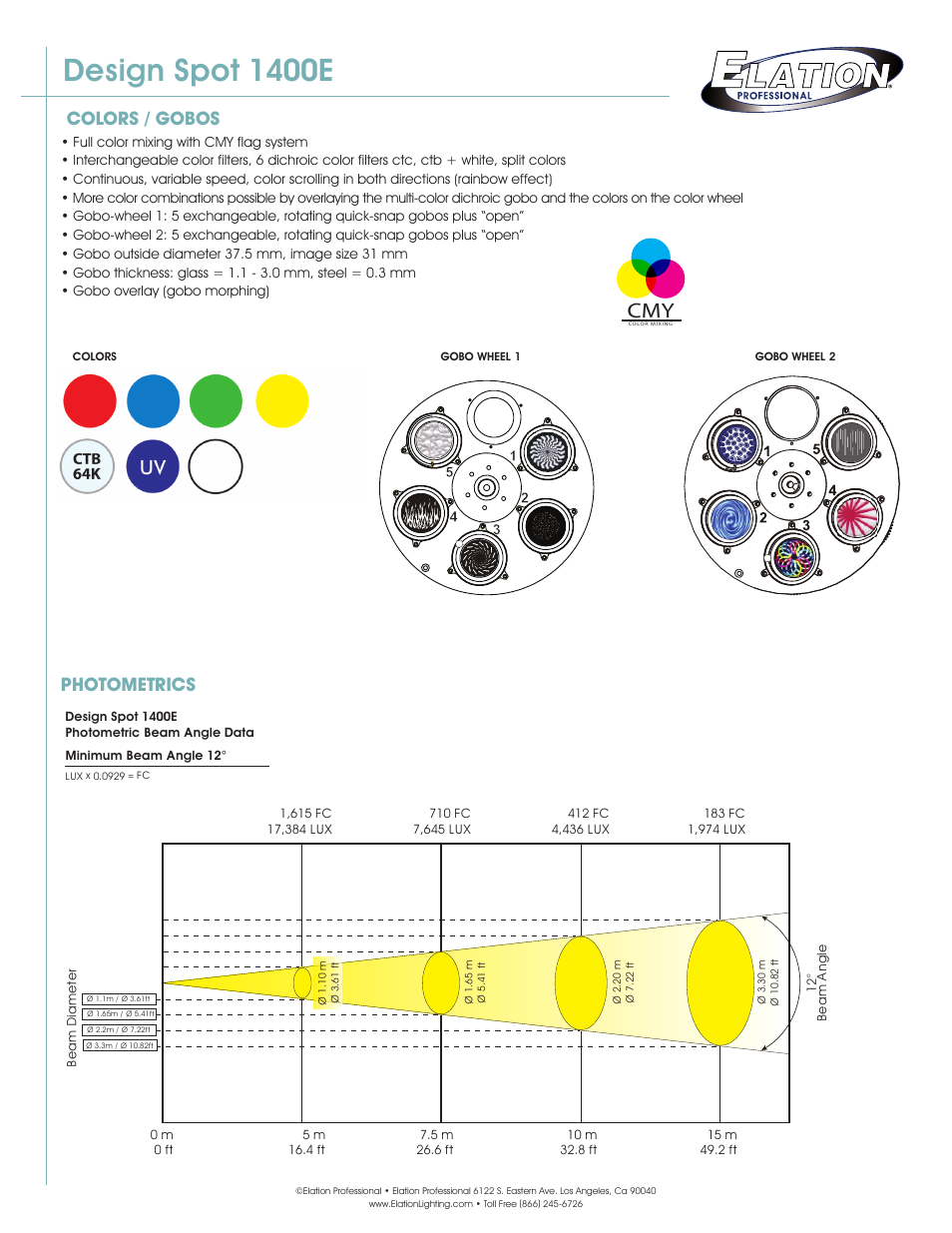 Design spot 1400e, Colors / gobos, Photometrics | Elation Professional Spot 1400E User Manual | Page 2 / 4