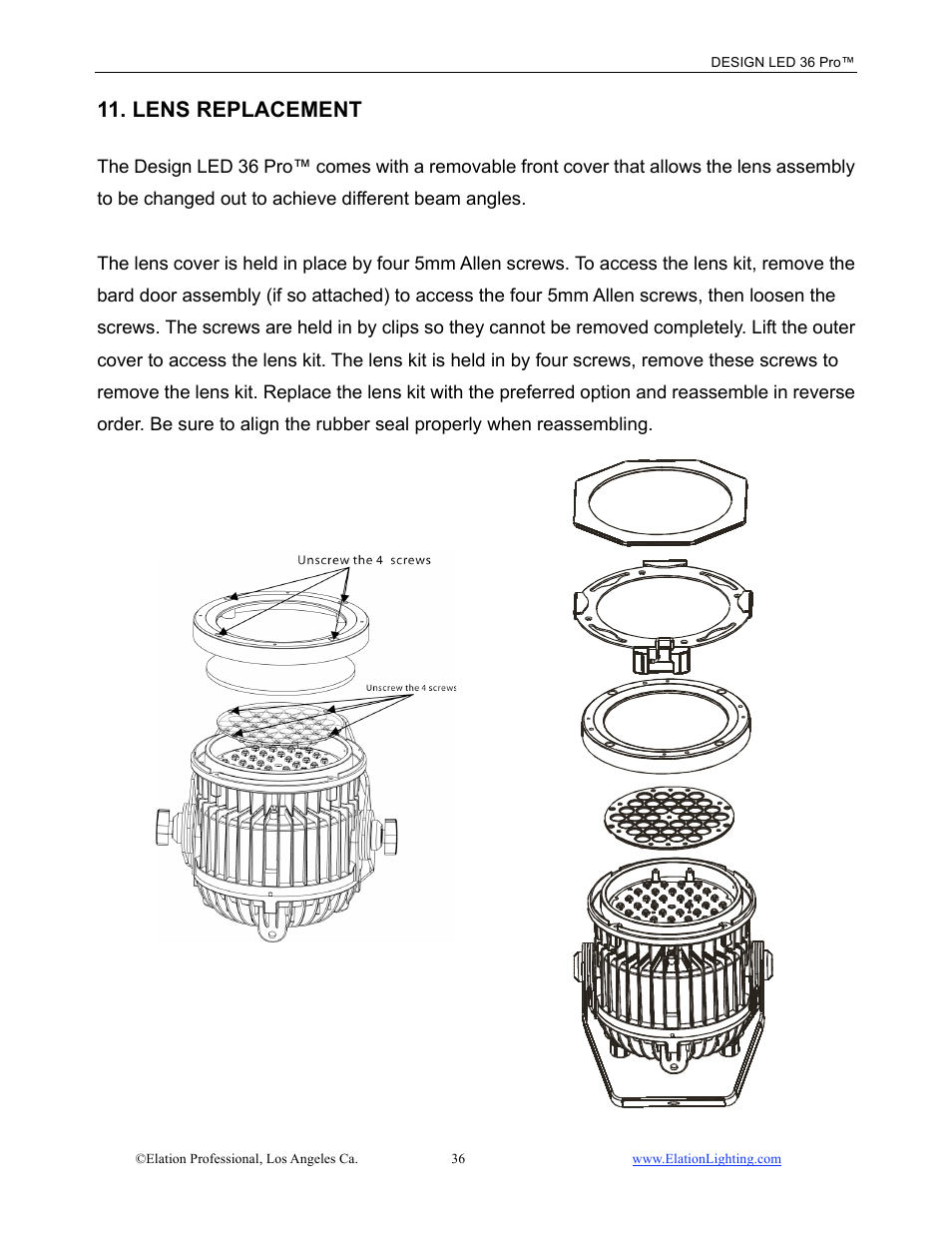 Lens replacement | Elation Professional 36 PRO User Manual | Page 37 / 48