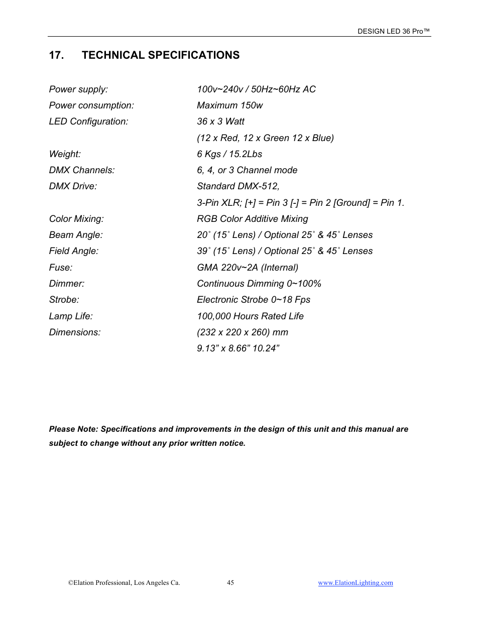 Technical specifications | Elation Professional 36 PRO User Manual | Page 46 / 48