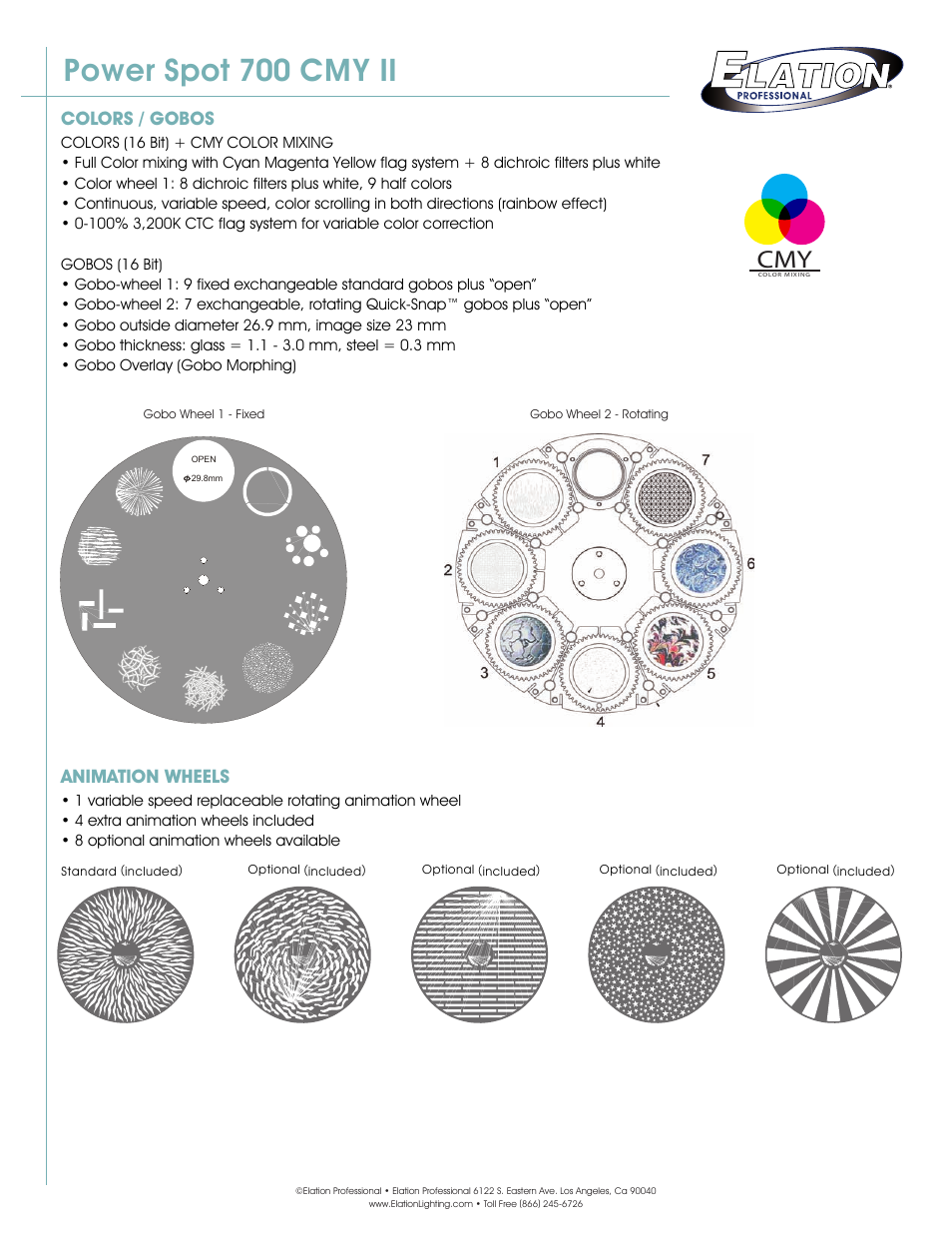 Power spot 700 cmy ii, Colors / gobos, Animation wheels | Elation Professional Power Spot 700 CMY II User Manual | Page 2 / 3