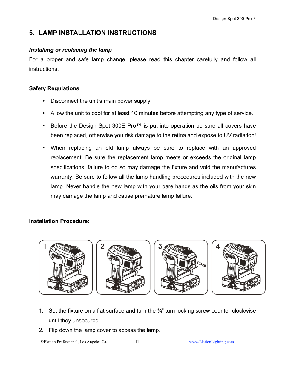 Lamp installation instructions | Elation Professional Design Spot 300 PRO User Manual | Page 11 / 64