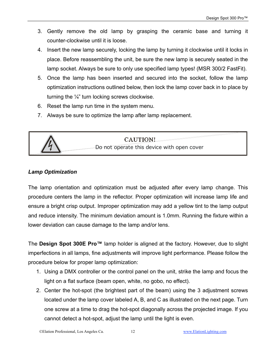 Elation Professional Design Spot 300 PRO User Manual | Page 12 / 64