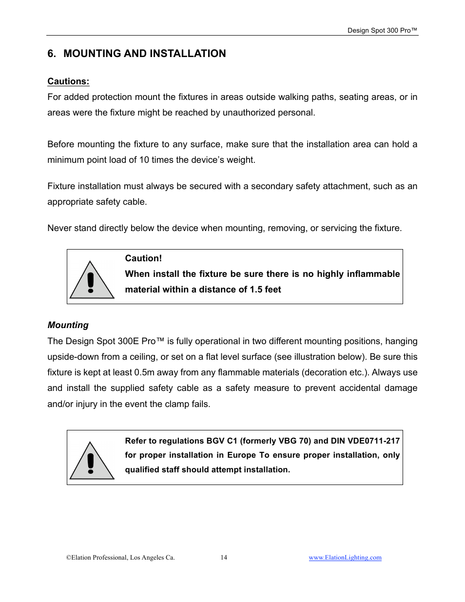 Mounting and installation | Elation Professional Design Spot 300 PRO User Manual | Page 14 / 64