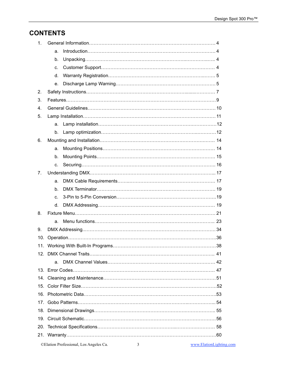 Elation Professional Design Spot 300 PRO User Manual | Page 3 / 64