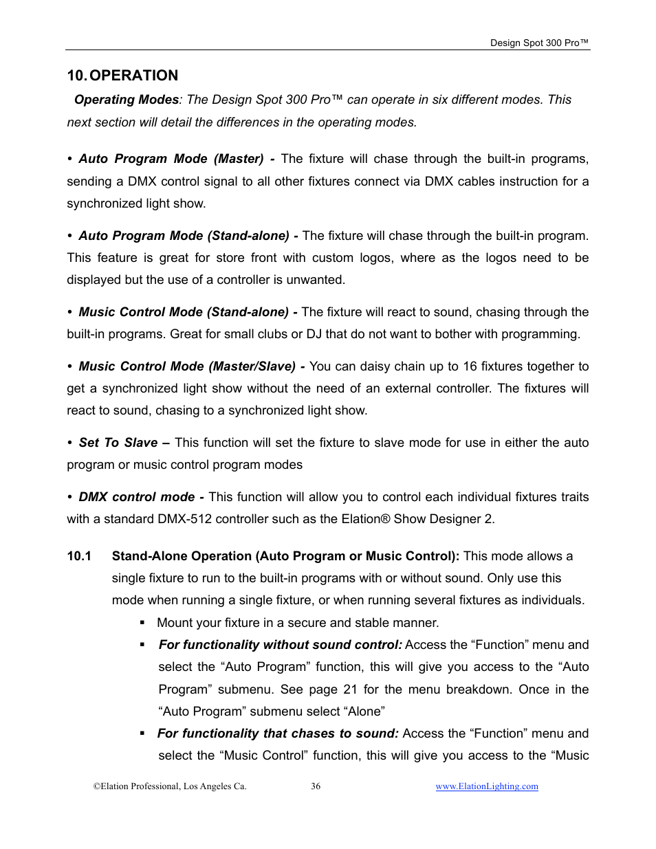 Operation | Elation Professional Design Spot 300 PRO User Manual | Page 36 / 64