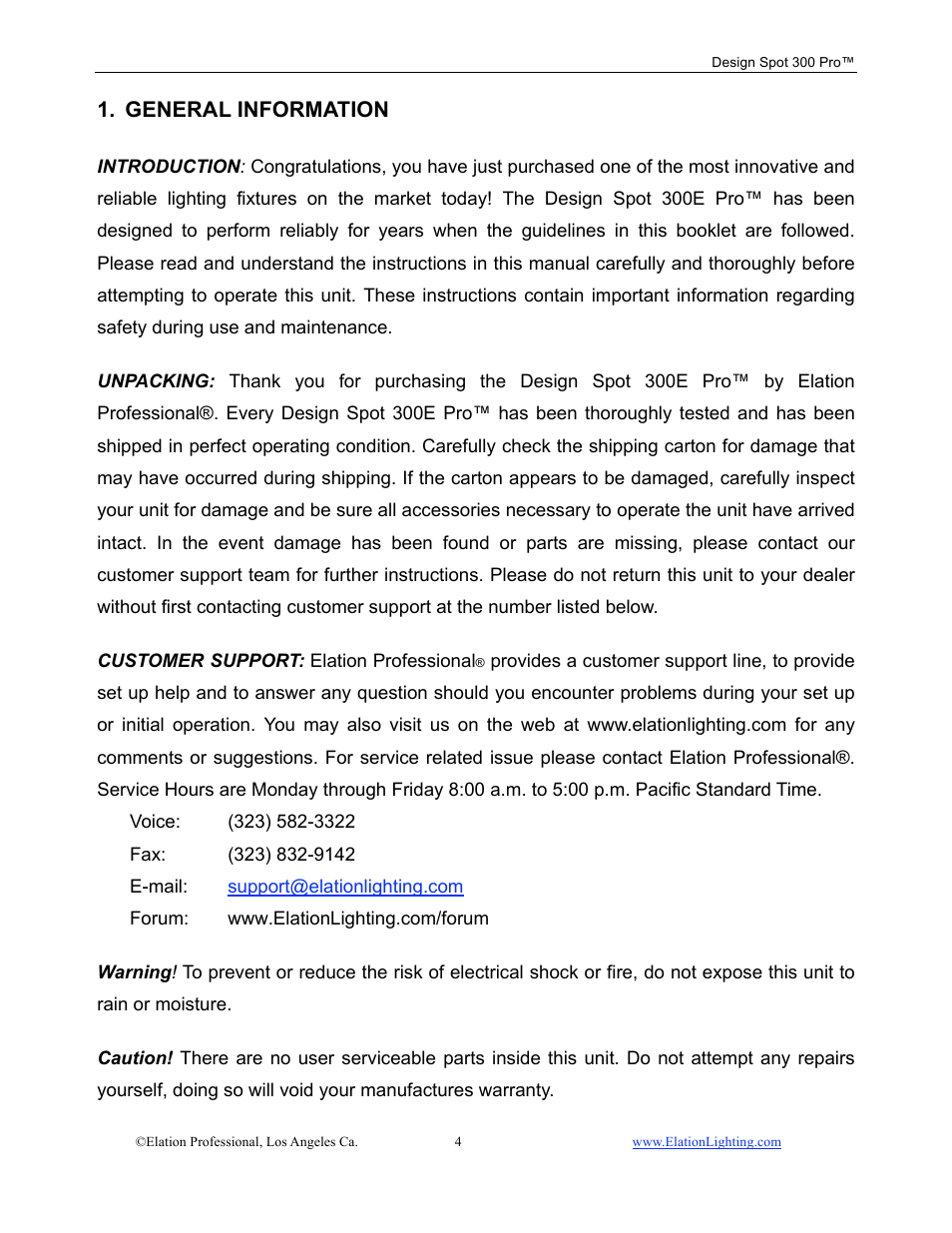 General information | Elation Professional Design Spot 300 PRO User Manual | Page 4 / 64