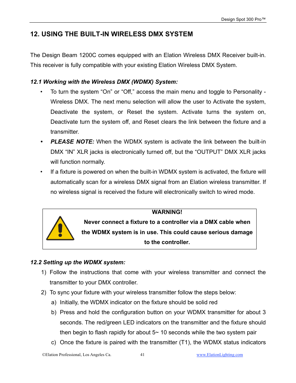 Using the built-in wireless dmx system | Elation Professional Design Spot 300 PRO User Manual | Page 41 / 64