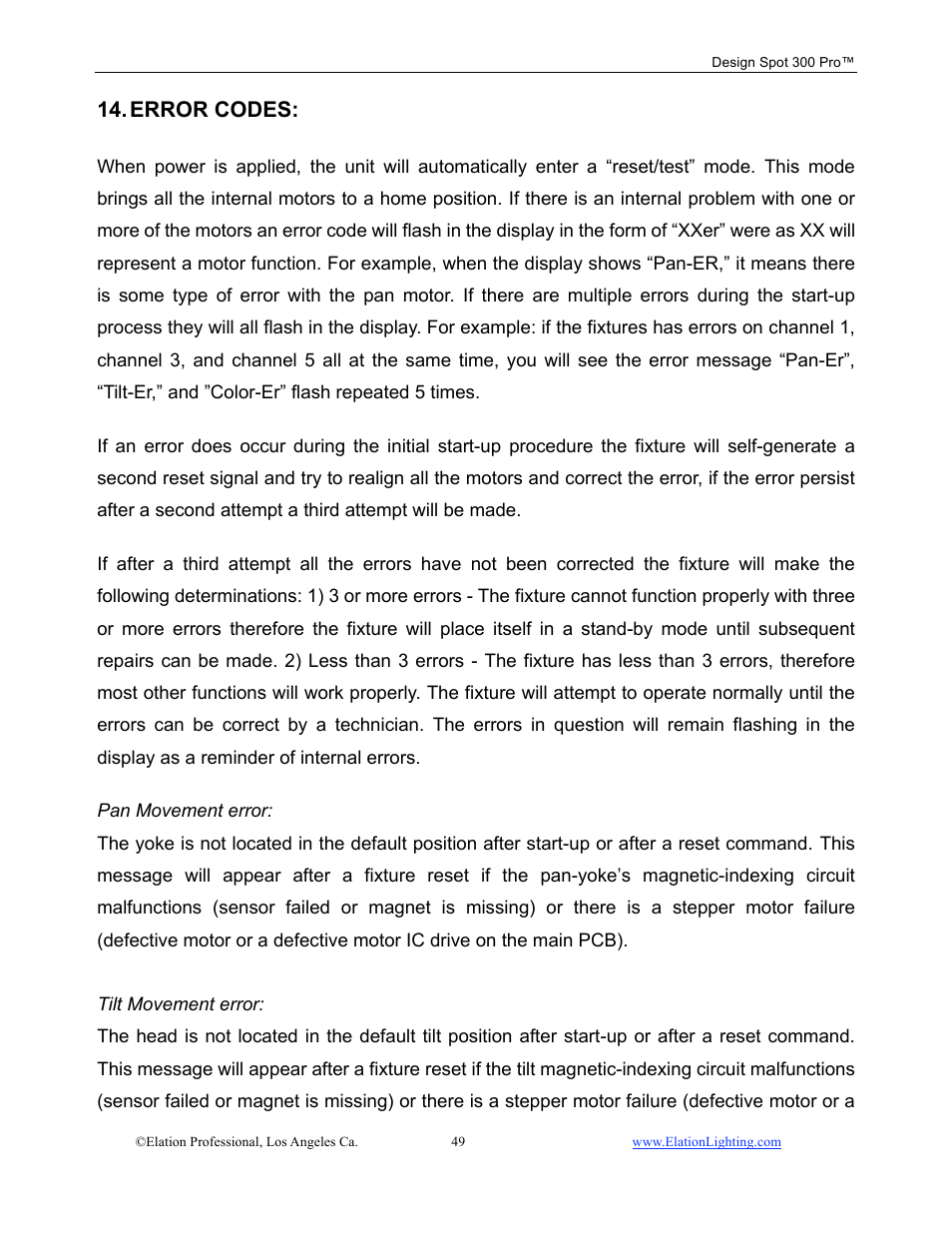 Error codes | Elation Professional Design Spot 300 PRO User Manual | Page 49 / 64
