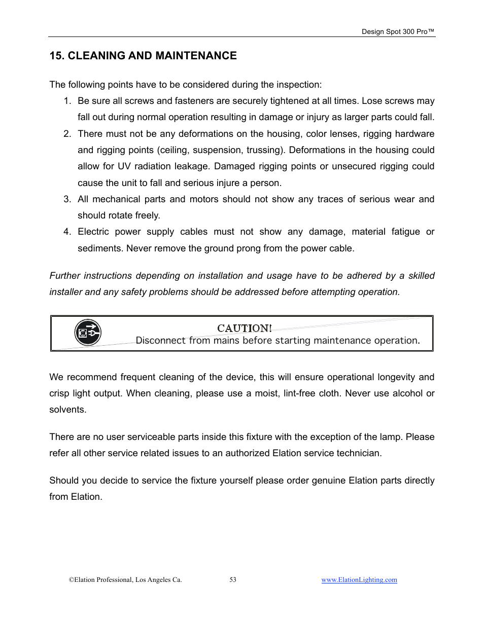 Cleaning and maintenance | Elation Professional Design Spot 300 PRO User Manual | Page 53 / 64