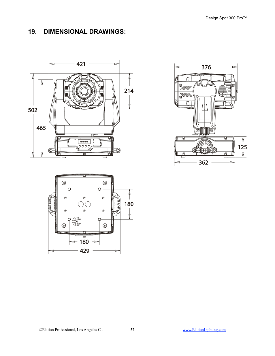 Dimensional drawings | Elation Professional Design Spot 300 PRO User Manual | Page 57 / 64