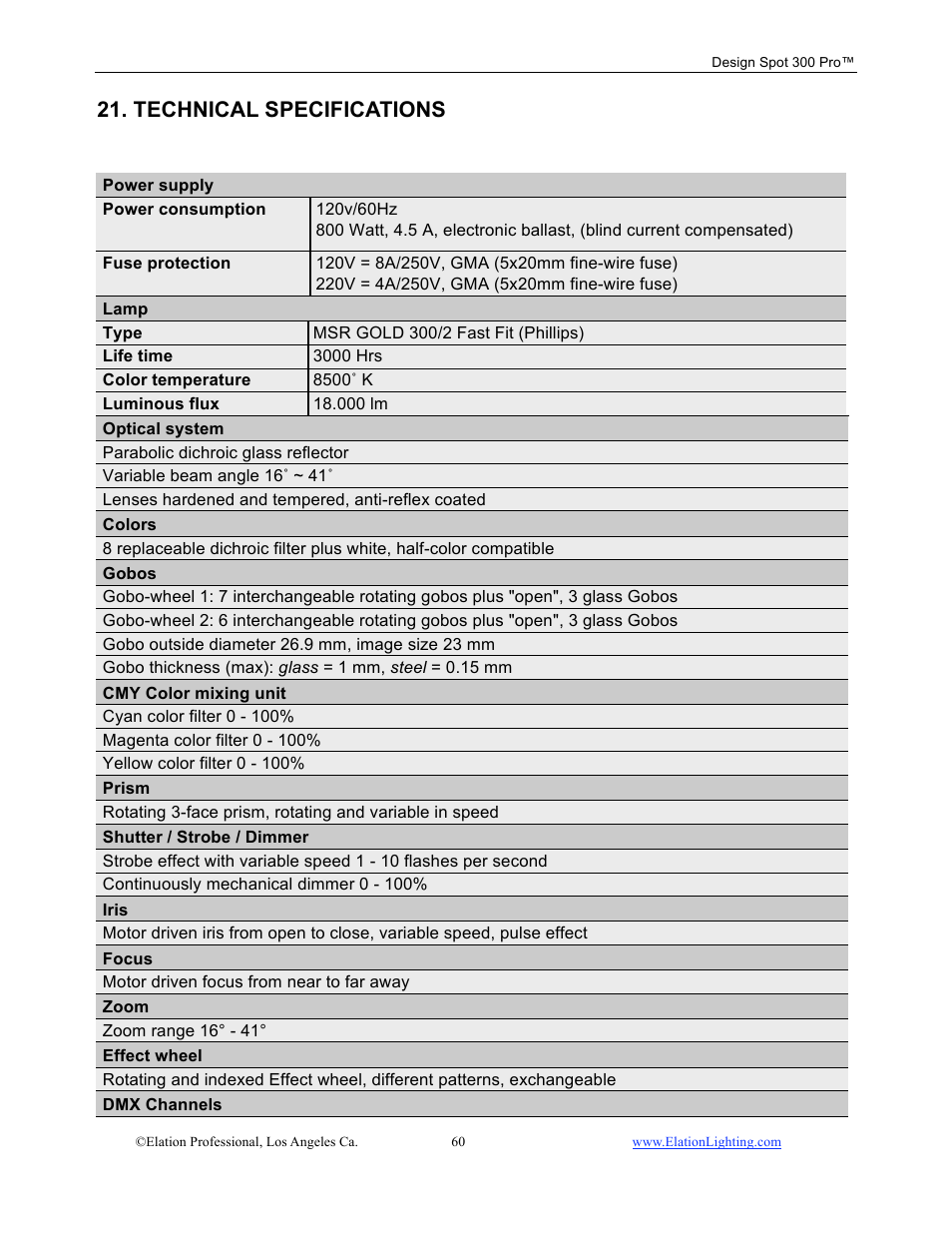 Technical specifications | Elation Professional Design Spot 300 PRO User Manual | Page 60 / 64