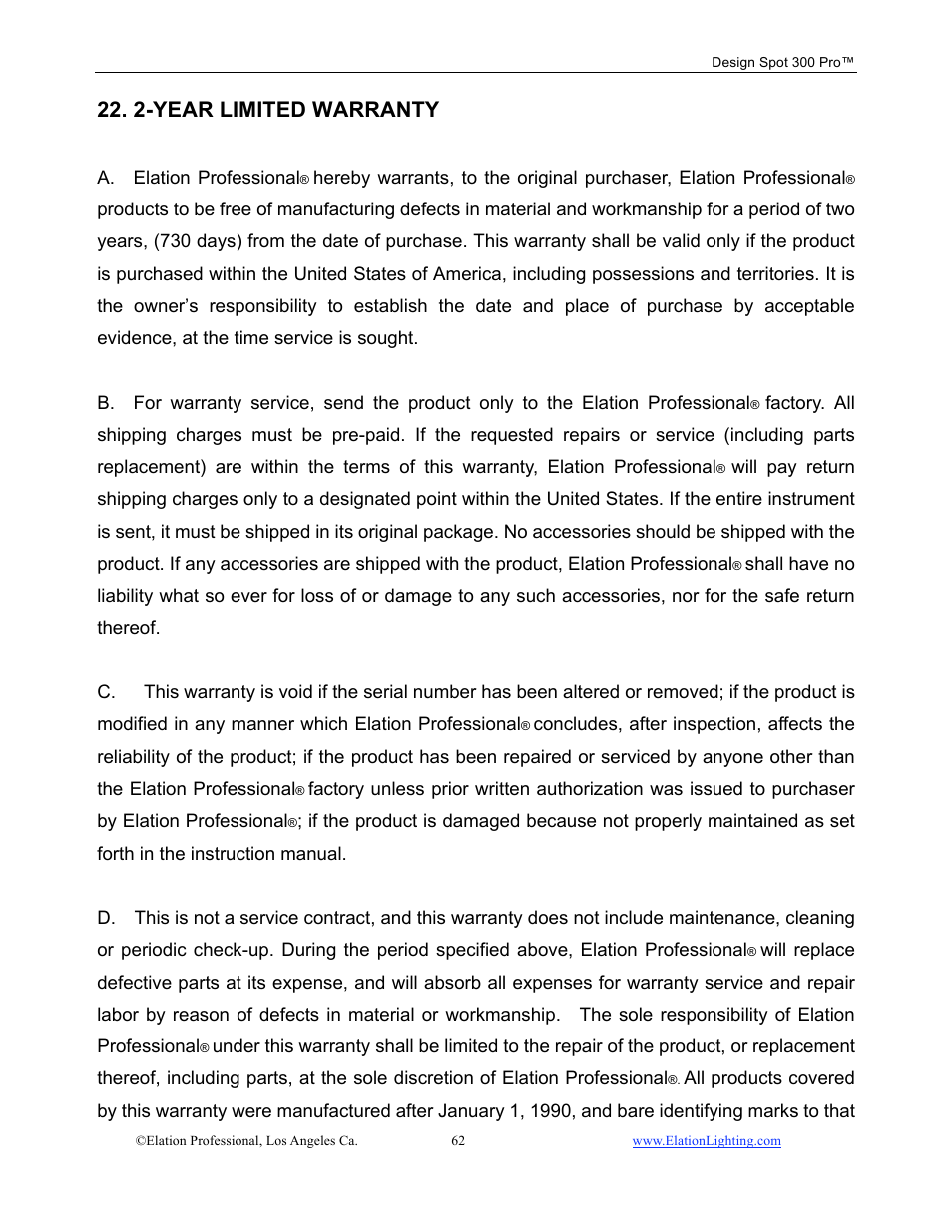 2-year limited warranty | Elation Professional Design Spot 300 PRO User Manual | Page 62 / 64