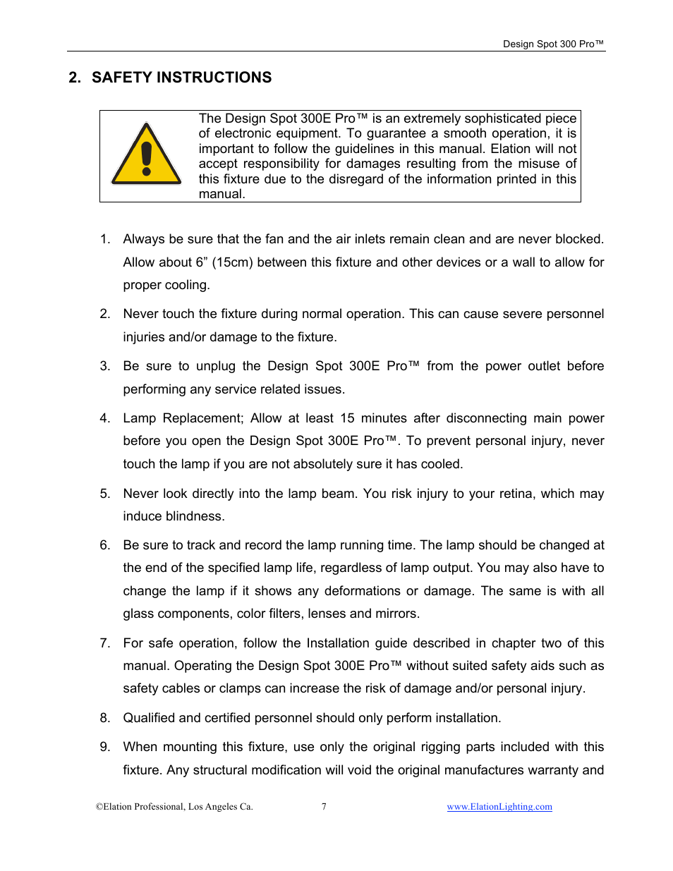 Safety instructions | Elation Professional Design Spot 300 PRO User Manual | Page 7 / 64