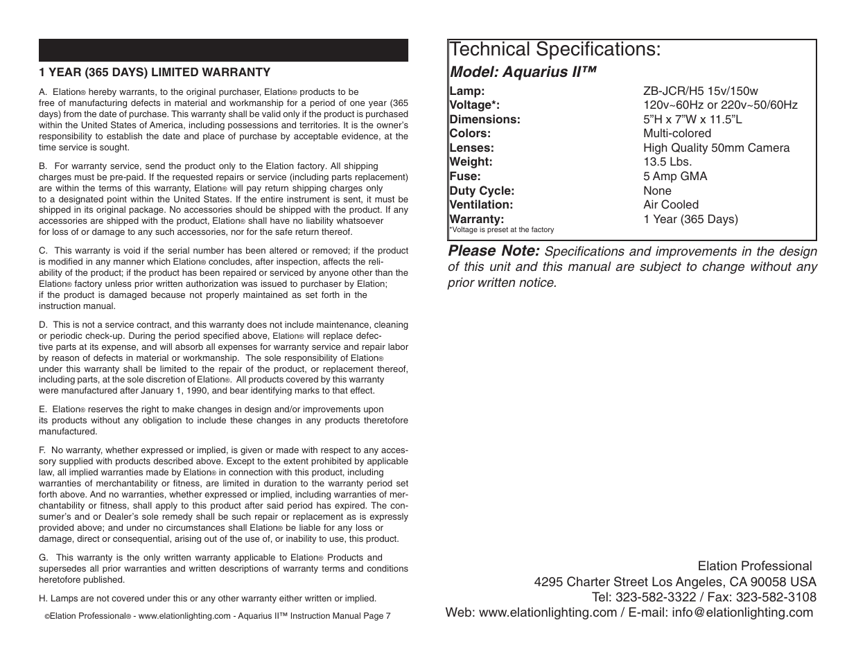 Technical specifications, Model: aquarius ii | Elation Professional Aquarius II User Manual | Page 4 / 4