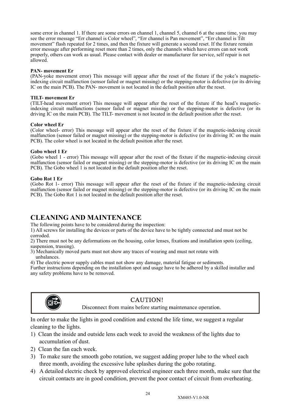 Cleaning and maintenance | Elation Professional PLATINUM BEAM 5R XM485-V1.0-NR User Manual | Page 26 / 27
