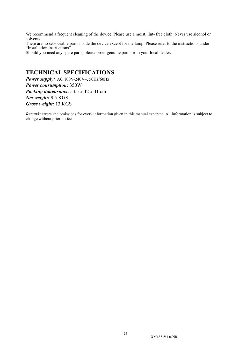 Technical specifications | Elation Professional PLATINUM BEAM 5R XM485-V1.0-NR User Manual | Page 27 / 27