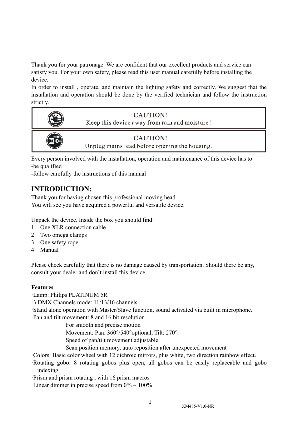 Introduction | Elation Professional PLATINUM BEAM 5R XM485-V1.0-NR User Manual | Page 4 / 27