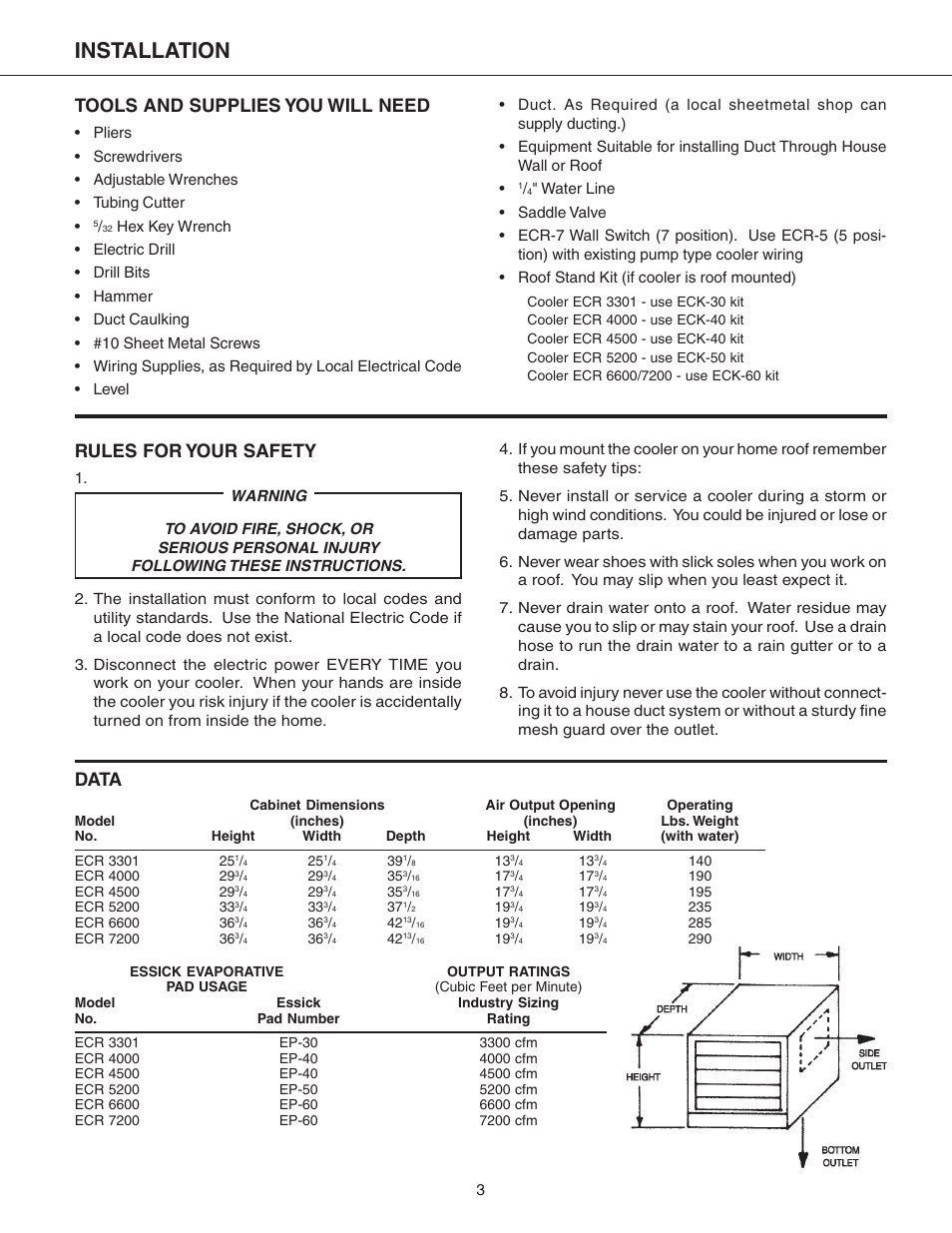 Installation, Tools and supplies you will need, Rules for your safety | Data | Essick Air ECR 7200 User Manual | Page 3 / 16