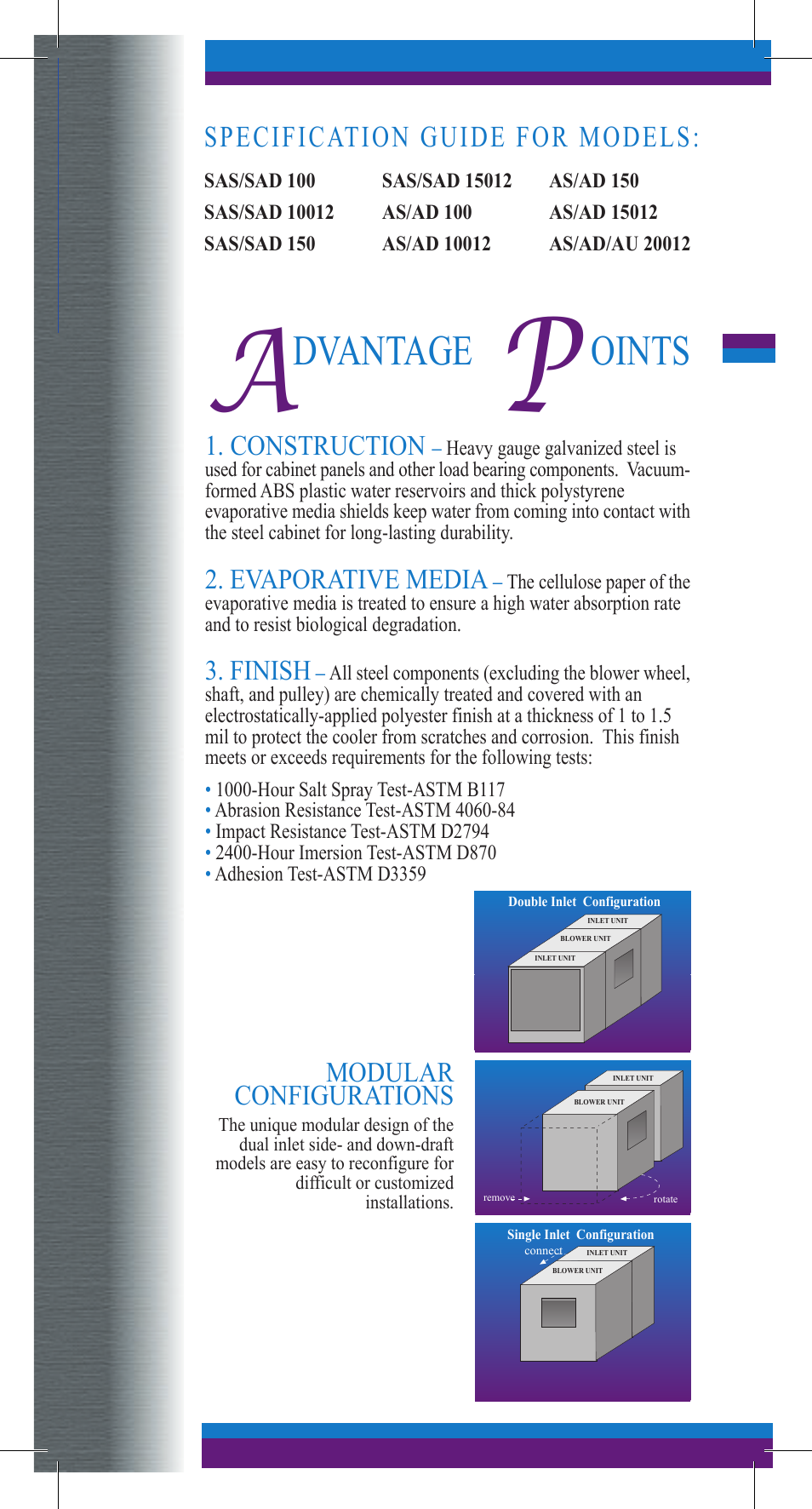 Oints dvantage, Specification guide for models, Modular configurations | Construction, Evaporative media, Finish | Essick Air AS20012 User Manual | Page 3 / 14