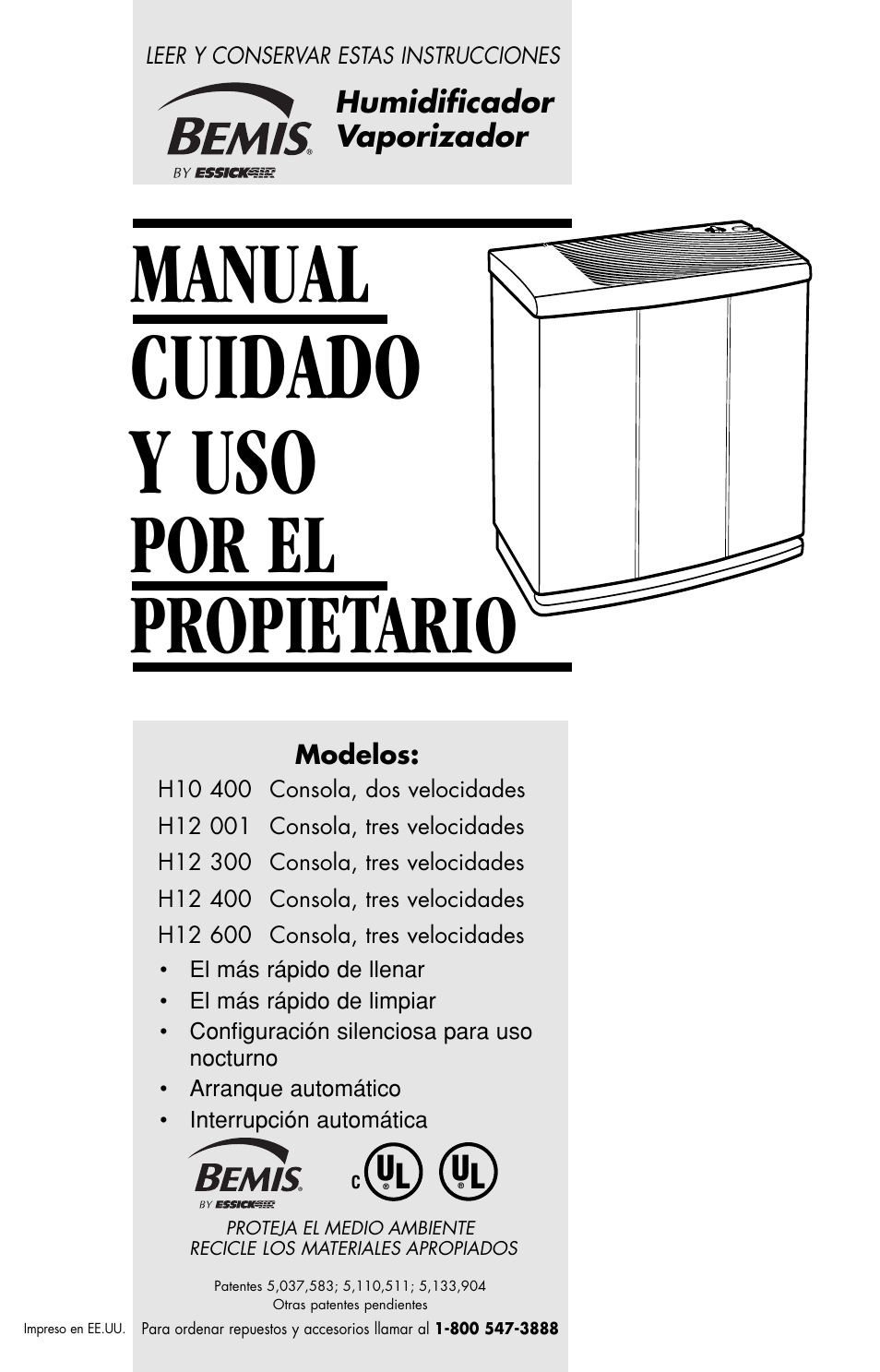 Cuidado y uso, Manual, Por el propietario | Essick Air H10 400 User Manual | Page 10 / 30