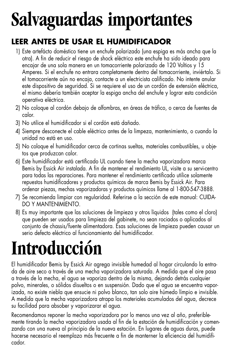 Salvaguardas importantes, Introducción | Essick Air H10 400 User Manual | Page 11 / 30