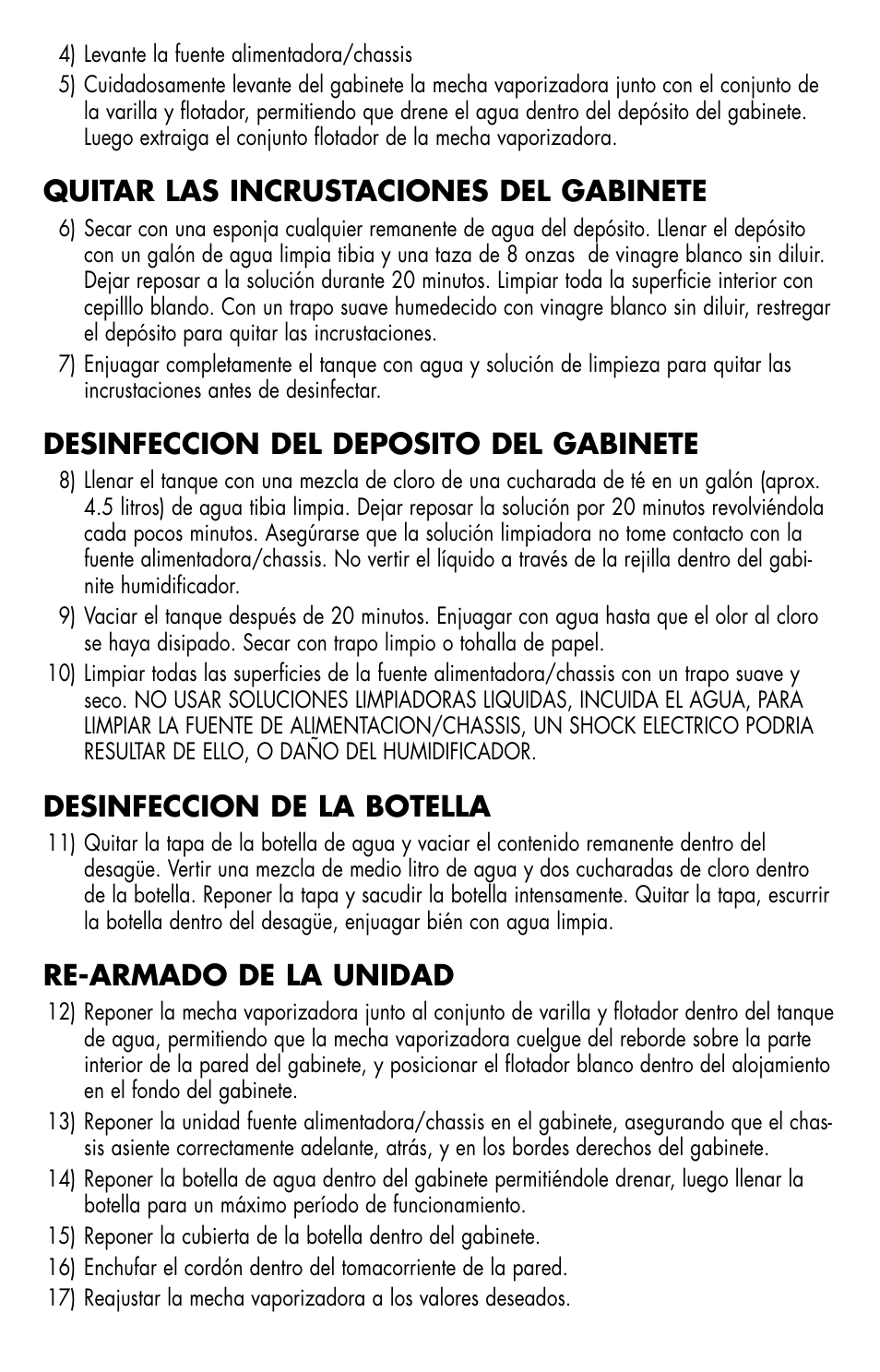 Quitar las incrustaciones del gabinete, Desinfeccion del deposito del gabinete, Desinfeccion de la botella | Re-armado de la unidad | Essick Air H10 400 User Manual | Page 16 / 30