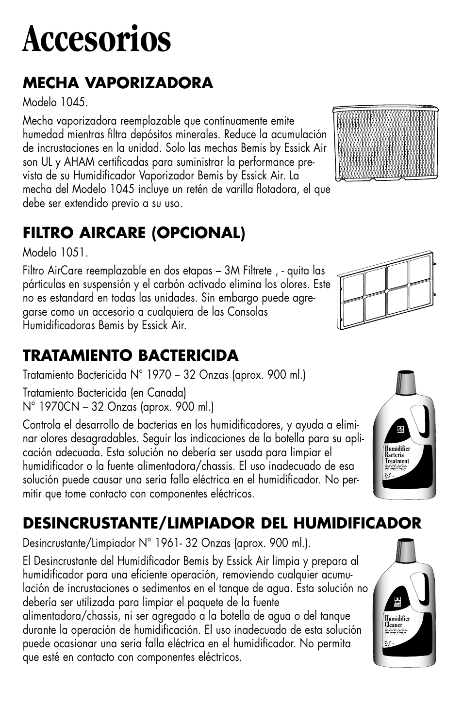 Accesorios | Essick Air H10 400 User Manual | Page 18 / 30