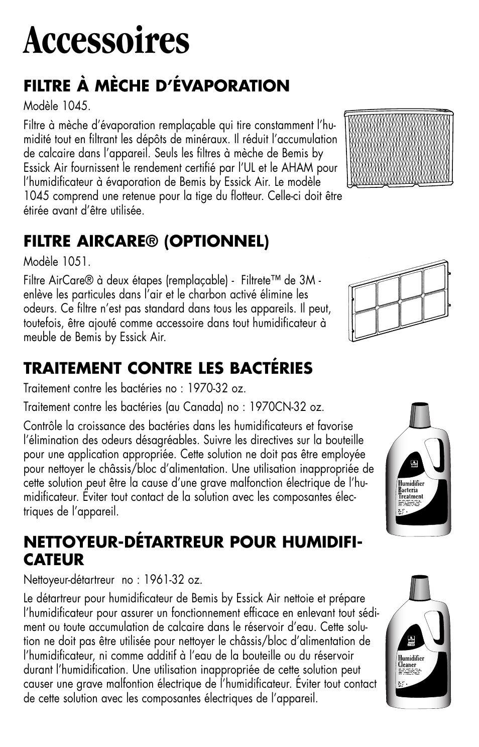 Accessoires | Essick Air H10 400 User Manual | Page 28 / 30