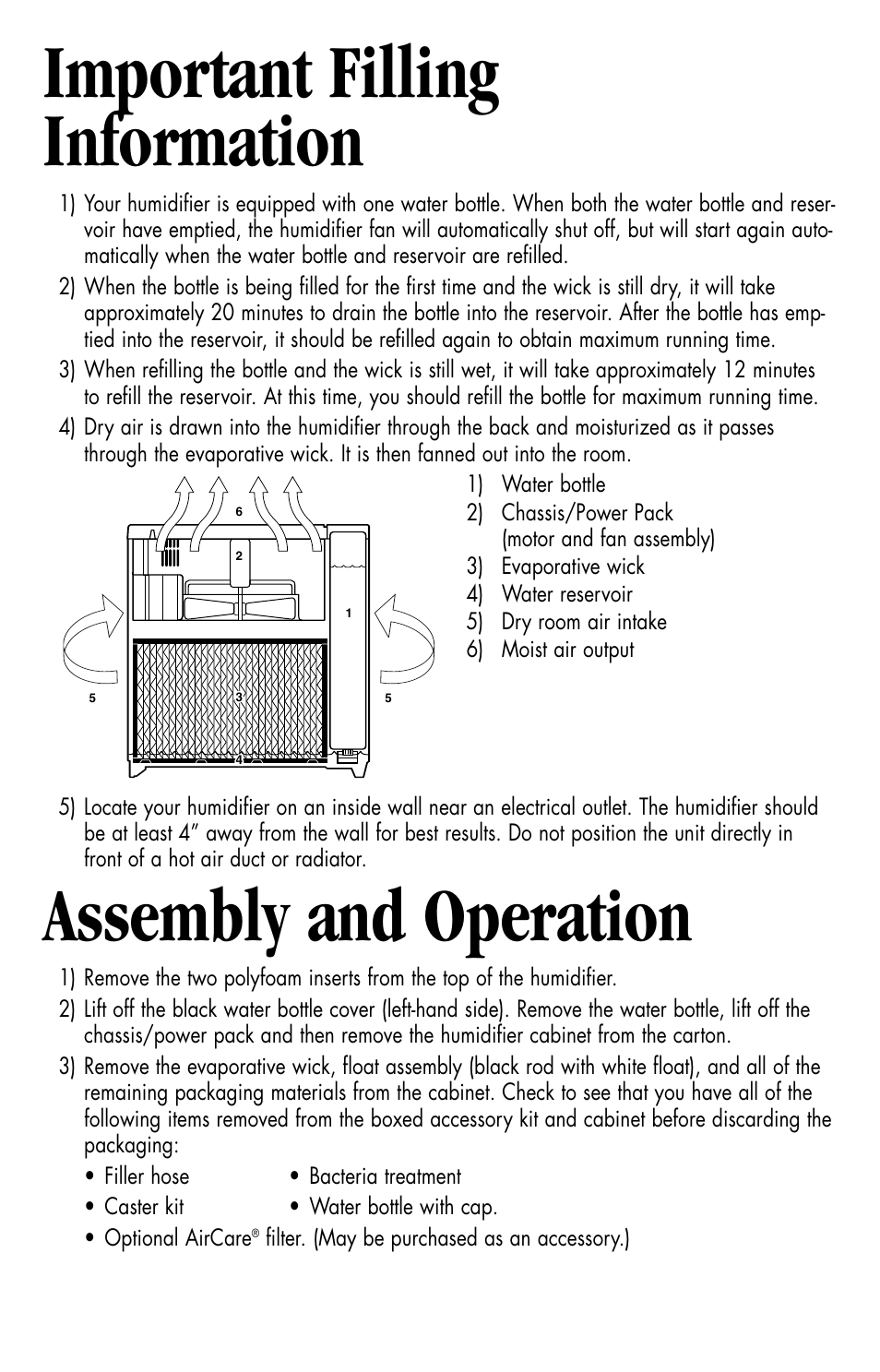 Important filling information, Assembly and operation | Essick Air H10 400 User Manual | Page 3 / 30