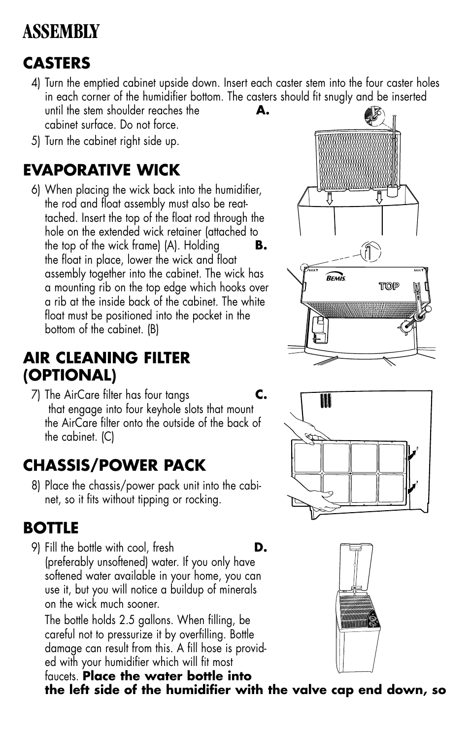 Assembly, Casters, Evaporative wick | Air cleaning filter (optional), Chassis/power pack, Bottle | Essick Air H10 400 User Manual | Page 4 / 30