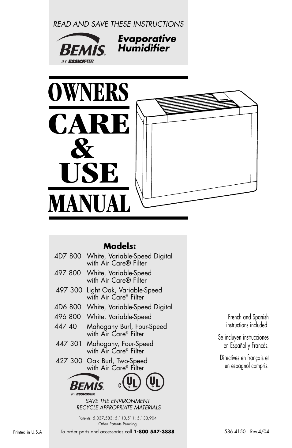 Essick Air Bemis 4D7 800 User Manual | 15 pages