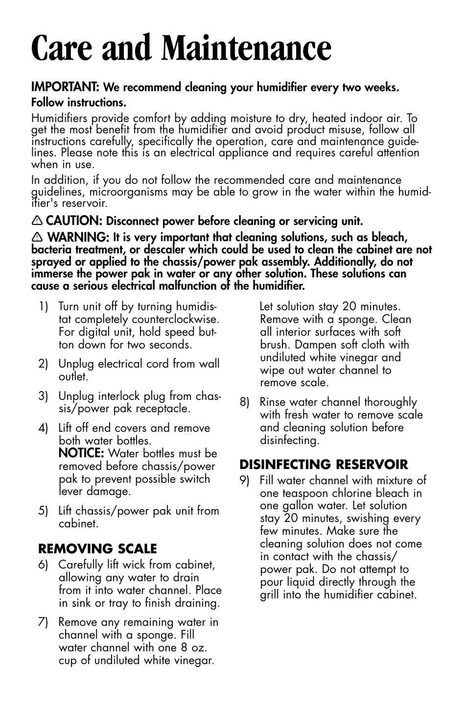 Care and maintenance | Essick Air Bemis 4D7 800 User Manual | Page 9 / 15