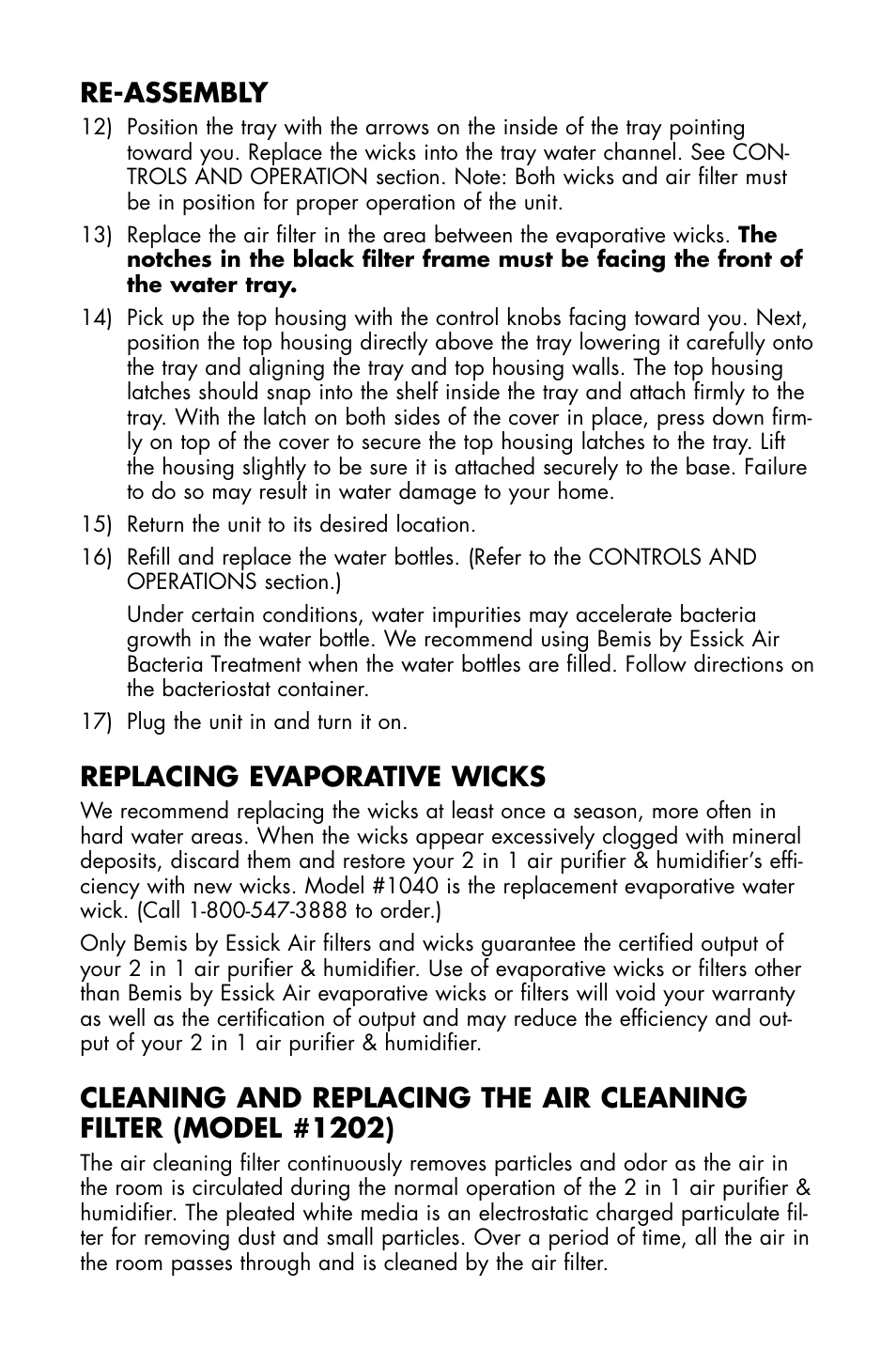 Re-assembly, Replacing evaporative wicks | Essick Air DP3 200 User Manual | Page 10 / 52