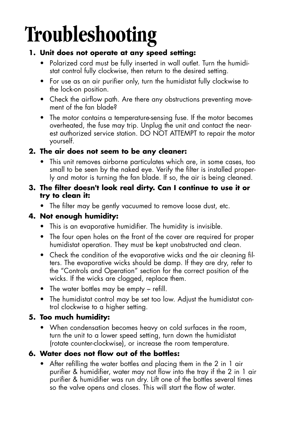 Troubleshooting | Essick Air DP3 200 User Manual | Page 12 / 52