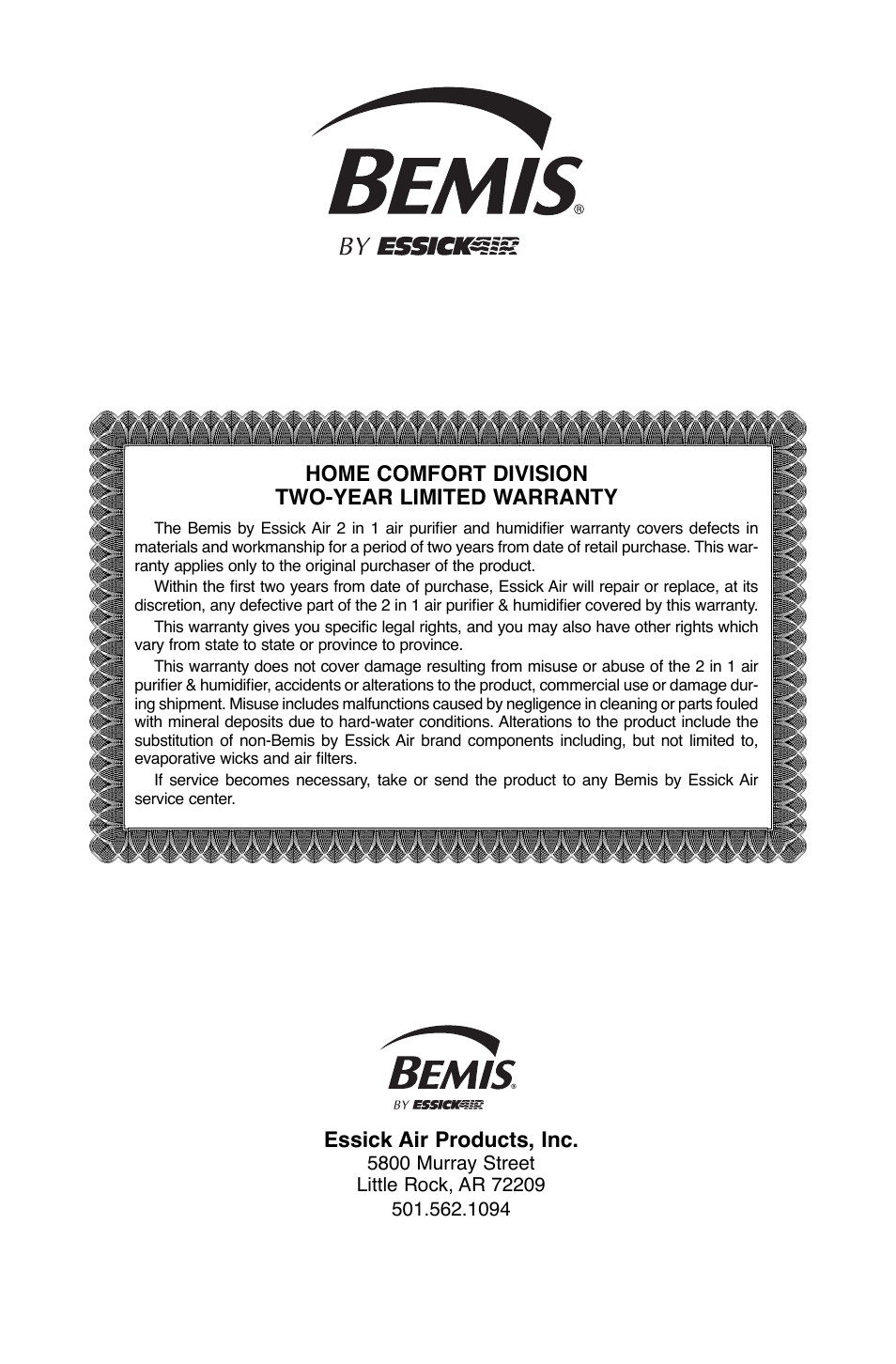 Home comfort division two-year limited warranty, Essick air products, inc | Essick Air DP3 200 User Manual | Page 15 / 52
