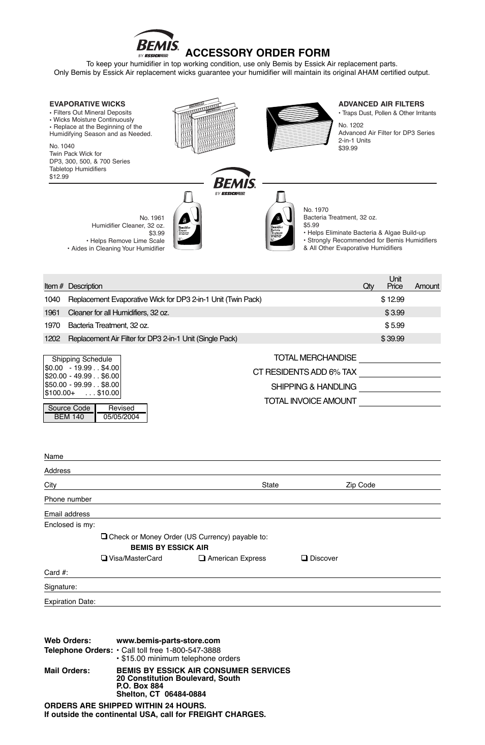 Accessory order form | Essick Air DP3 200 User Manual | Page 17 / 52