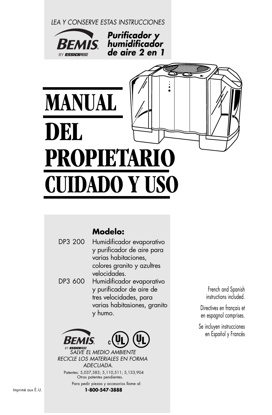 Del propietario, Manual, Cuidado y uso | Essick Air DP3 200 User Manual | Page 19 / 52