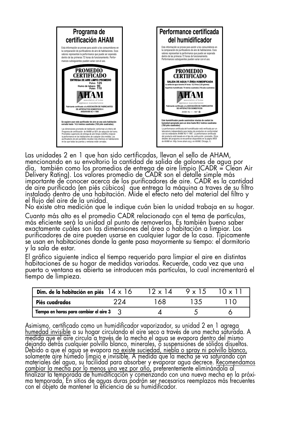 Performance certificada del humidificador, Programa de certificación aham, Promedio certificado | Essick Air DP3 200 User Manual | Page 22 / 52