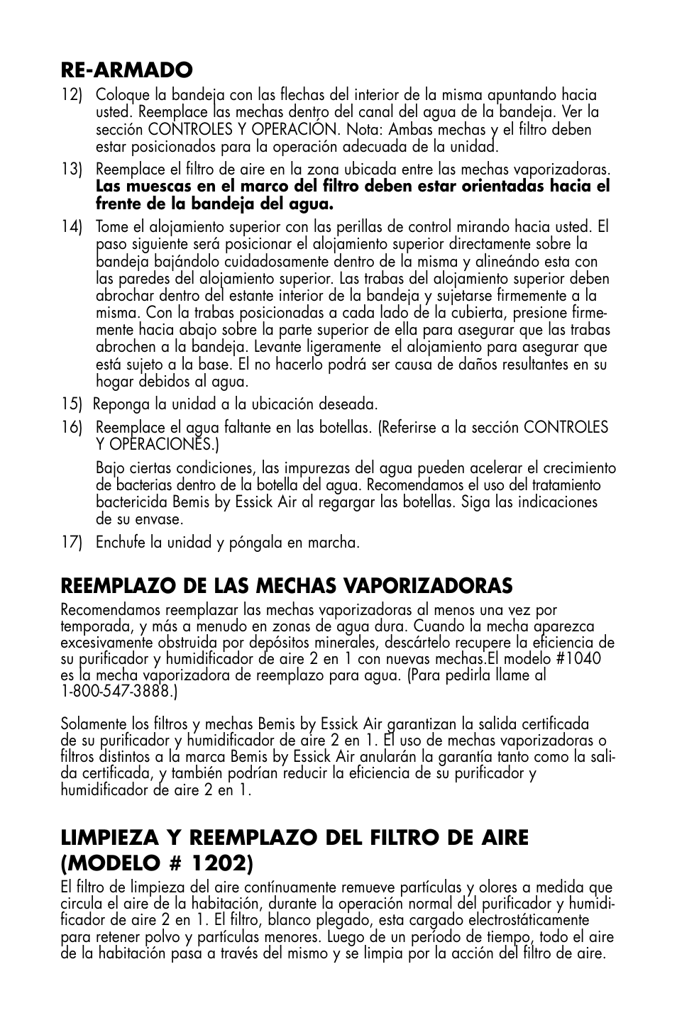 Re-armado, Reemplazo de las mechas vaporizadoras | Essick Air DP3 200 User Manual | Page 28 / 52